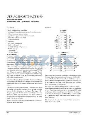 UT54ACTS190 datasheet - Radiation-hardened synchronous 4-bit up-down BCD counter.