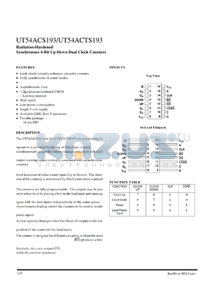 UT54ACTS193 datasheet - Radiation-hardened synchronous 4-bit up-down dual clock counter.