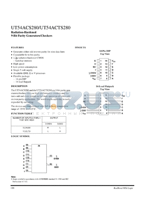 UT54ACTS280 datasheet - Radiation-hardened 9-bit parity generator/checker.