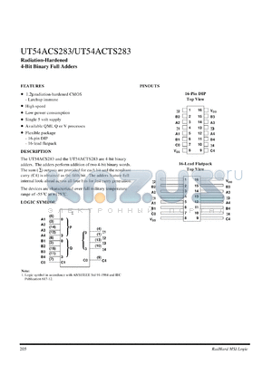 UT54ACS283 datasheet - Radiation-hardened 4-bit binary full adder.