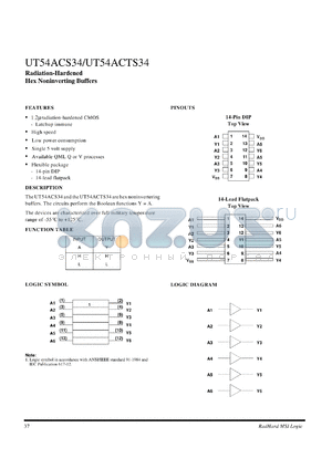 UT54ACS34 datasheet - Radiation-hardened hex noninverting buffer.