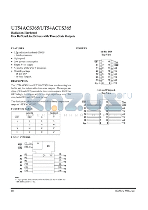 UT54ACS365 datasheet - Radiation-hardened hex buffer/line driver with three-state outputs.