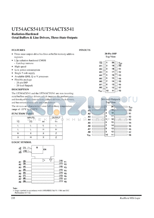 UT54ACS541 datasheet - Radiation-hardened octal bufer & line driver, three-state outputs.