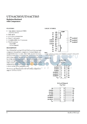 UT54ACTS85 datasheet - Radiation-hardened 4-bit comparator.