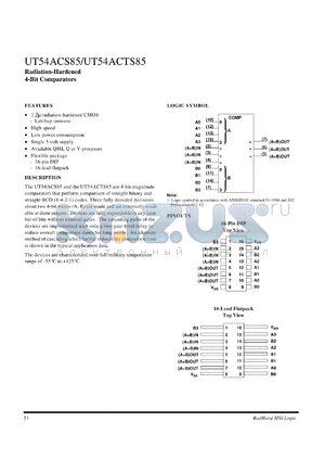 UT54ACS85 datasheet - Radiation-hardened 4-bit comparator.