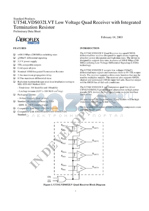 UT54LVDS032LVT-UCX datasheet - Low voltage quad receiver with integrated termination resistor. Lead finish factory option.