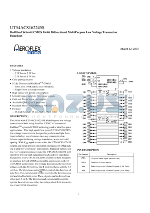 5962H0254301VXC datasheet - RadHard schmitt CMOS 16-bit bidirectional multipurpose low voltage transceiver: SMD. Class V. Lead finish gold. Total dose 1E6 rad(Si).