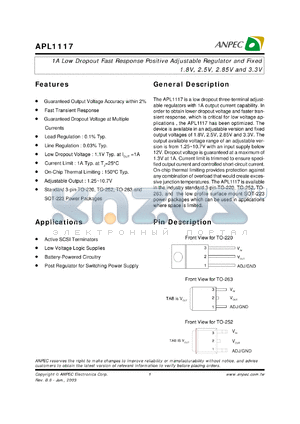 APL1117-VC-TR datasheet - Adj,  1 A low dropout fast response positive adjustable regulator and fixed