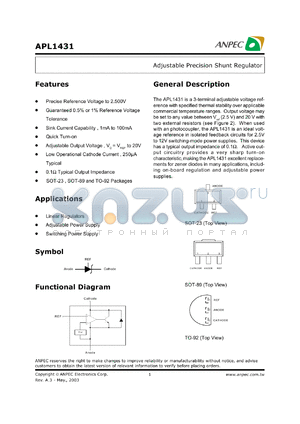 APL1431AEI-PR datasheet - 0.5% reference voltage tolerance,  adjustable precision shunt regulator