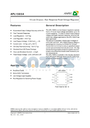 APL1565A-25KC-TR datasheet - 2.5 V, 1 A low dropout, fast response fixed voltage regulator