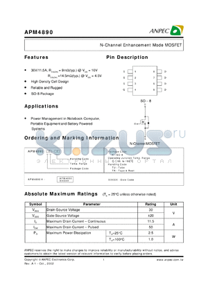 APM4890KC-TR datasheet - 30 V, N-channel enhancement mode MOSFET