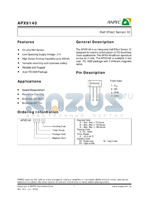 APX9140DEE-TB datasheet - 3 V, hall effect sensor IC