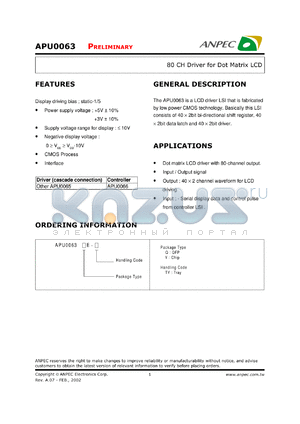 APU0063QE-TY datasheet - 0.3-7 V, 80 CH driver for dot matrix LCD