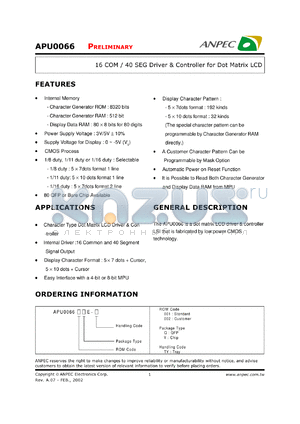 APU0066-002YE-TY datasheet - 16 COM/40 SEG driver and controller for dot matrix LCD