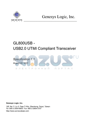 GL800USB datasheet - 3.3 V,  USB 2.0 UTMI compliant transceiver