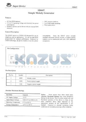 SD66T-68L datasheet - 3.3 V, simple melody generator