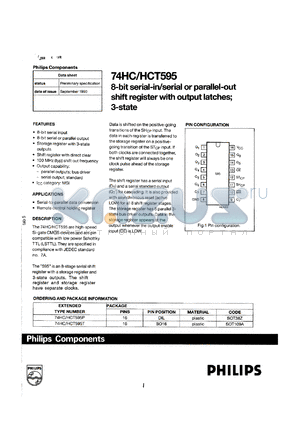 27HCT595P datasheet - 8-bit serial-in/serial-on parallel-out shift register with output latche; 3-state