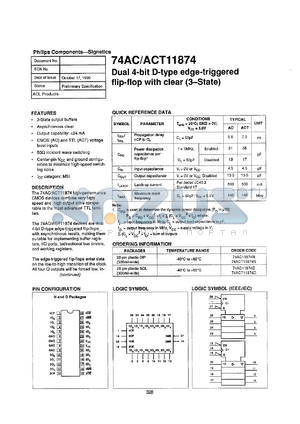 74ACT11874N datasheet - 5 V, dual 4-bit D-type edge-trigger flip-flop with clear (3-state)