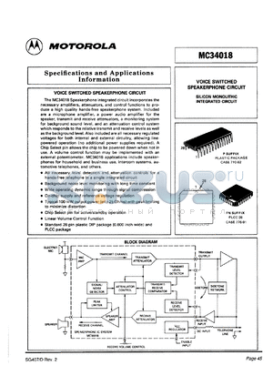 MC34018FN datasheet - Voice switched speakerphone circuit.