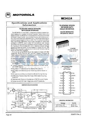 MC34114DW datasheet - Telephone speech network with dialer interface.