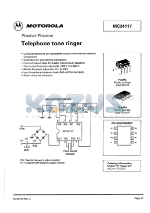 MC34117P datasheet - Telephone tone ringer.