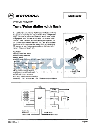 MC145310P datasheet - Tone/pulse dialler with flash.