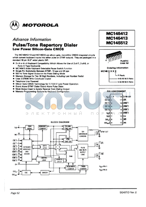 MC145412P datasheet - Pulse/tone repertory dialer. Low power silicon-gate CMOS.