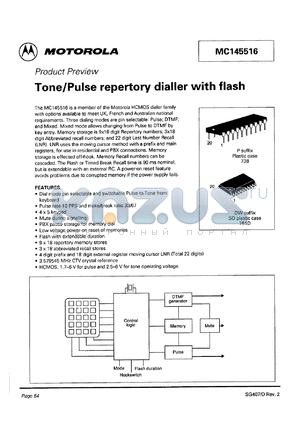 MC145516P datasheet - Tone/pulse repertory dialler with flash.