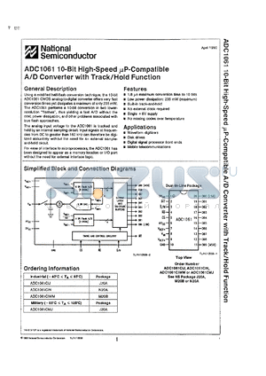 ADC1061CIJ datasheet - 10-bit high-speed uP-compatible A/D converter with track/hold function