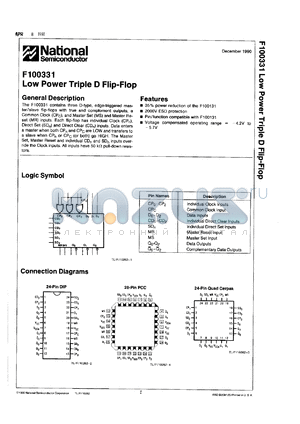 100331DCQR datasheet - Low power triple D flip-flop. Commercial grade device with burn-in.