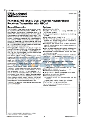 PC16552CV/A+ datasheet - Dual universal asynchronous receiver/transmitter with FIFOs.