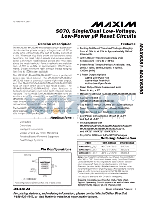 MAX6382XR29D6-T datasheet - 2.93 V, 560 ms, SC70, single/dual low-voltage, low-power mP reset circuit