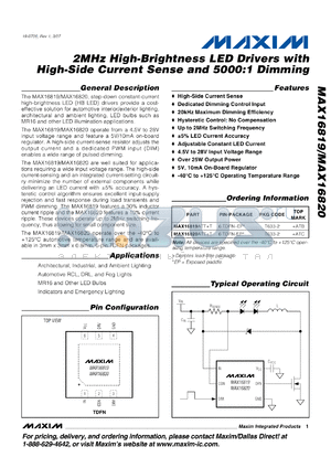 MAX16819ATT datasheet - 2MHz High-Brightness LED Drivers with High-Side Current Sense and 5000:1 Dimming
