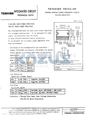 TA7240P datasheet - 5.8W Dual Audio Power Amplifier