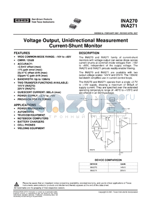 INA271A datasheet - Voltage Output, Unidirectional Measurement Current-Shunt Monitor