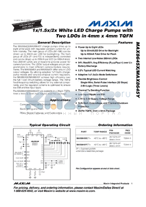 MAX8645YETI+ datasheet - 1x/1.5x/2x White LED Charge Pumps with Two LDOs in 4mm x 4mm TQFN