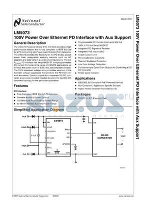 LM5073MHX datasheet - 100V Power Over Ethernet PD Interface with Aux Support
