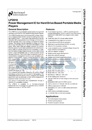 LP3910 datasheet - Power Management IC for Hard Drive Based Portable Media Players