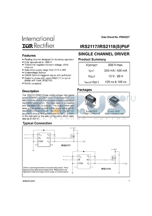 IRS2118SPBF datasheet - Single High Side Driver, Inverting Input in a 8-pin DIP package