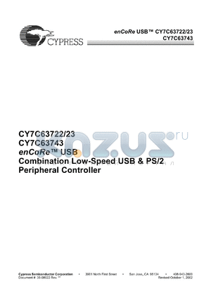 CY7C63743-SCT datasheet - enCoRe USB Combination Low-Speed USB and PS/2 Peripheral Controller