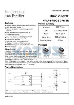 IRS2104 datasheet - IC MOSFET DRVR 0.13/0.27A DUAL HI/LO SIDE HALF BRDG INV/NON-INV