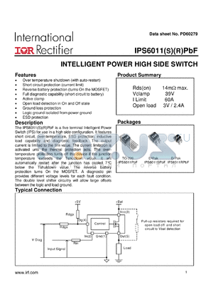 IPS6011 datasheet - Intelligent Power Switch 1 Channel High Side Driver