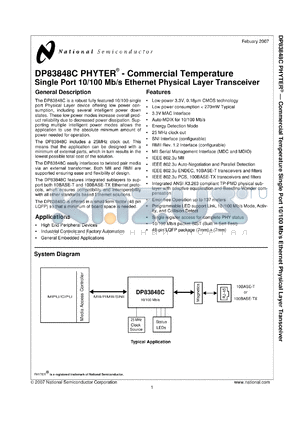 DP83848CVV datasheet - PHYTER Commercial Temperature Single Port 10/100 Mb/s Ethernet Physical Layer Transceiver