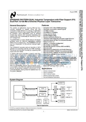 DP83849IDVS datasheet - PHYTER DUAL Industrial Temperature with Fiber Support (FX), Dual Port 10/100 Mb/s Ethernet Physical Layer Transceiver
