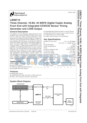 LM98714CCMT datasheet - Three Channel, 16-Bit, 45 MSPS Digital Copier Analog Front End with Integrated CCD/CIS Sensor Timing Generator and LVDS Output