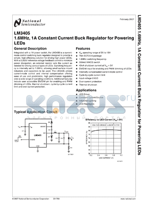 LM3405XMK datasheet - 1.6MHz 1A Constant Current Buck Regulator for Powering LEDs