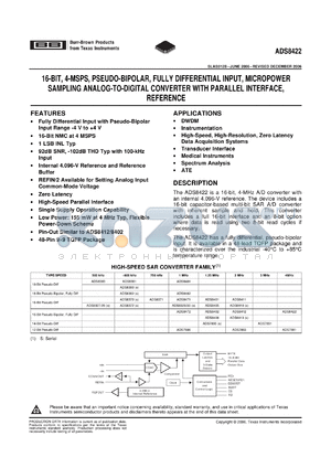 ADS8422IPFBRG4 datasheet - 16 Bit 4MSPS Parallel ADC W/Ref, Pseudo Bipolar, Fully Differential Input