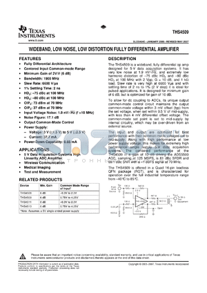 THS4509RGTTG4 datasheet - Wideband Operational Amplifier