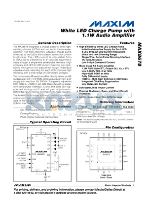 MAX8678ETE+ datasheet - Industrys First LED Charge Pump with Integrated Audio Amplifier Saves 50% PCB Area While Providing Highest Efficiency