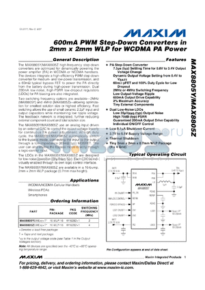 MAX8805 datasheet - 600mA PWM Step-Down Converters in 2mm x 2mm WLP for WCDMA PA Power
